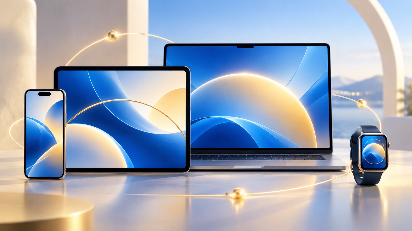A group of generic personal devices on a home desk, representing a software update across devices.