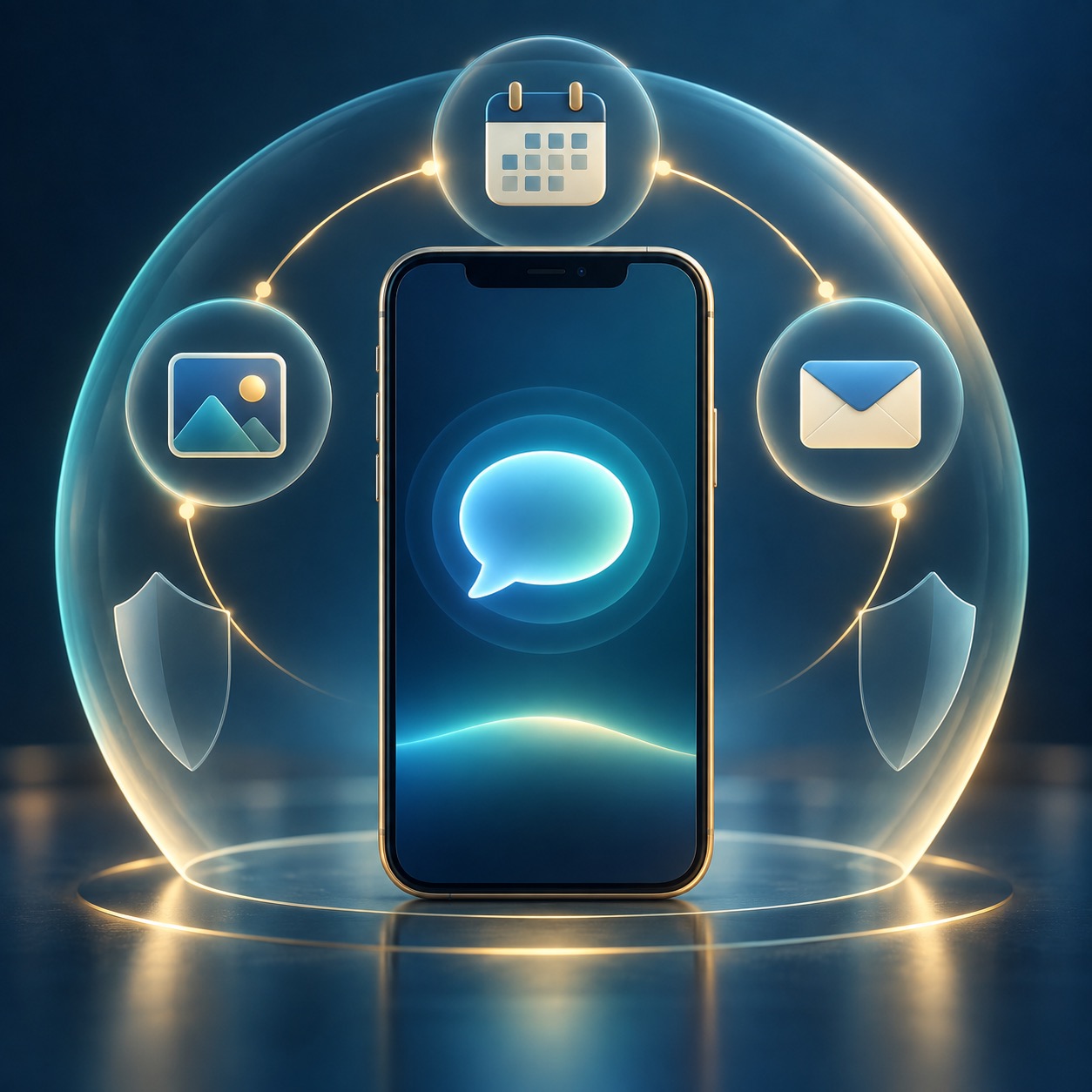 A helpful abstract assistant and phone with a shield, showing security-minded support after updating.