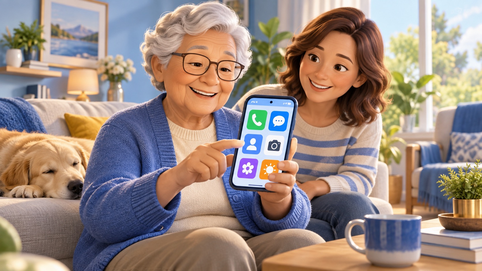 Simplified generic iPhone home screen with large clear app shapes