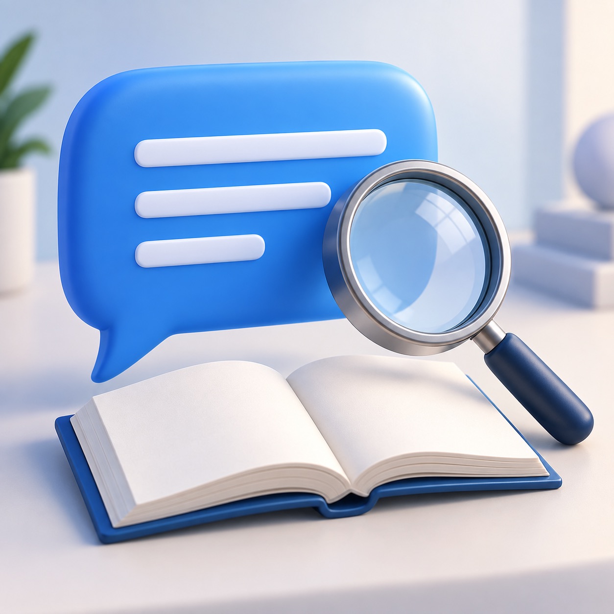 A magnifying glass and conversation symbol beside a book, representing careful fact-checking.