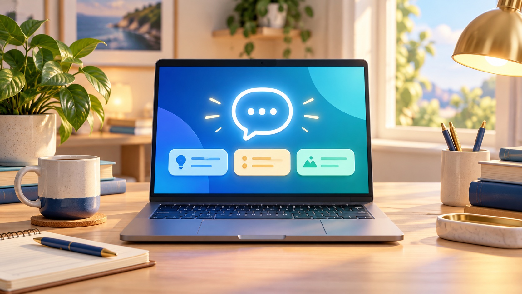 A warm home desk with a laptop showing a generic, logo-free chat conversation.
