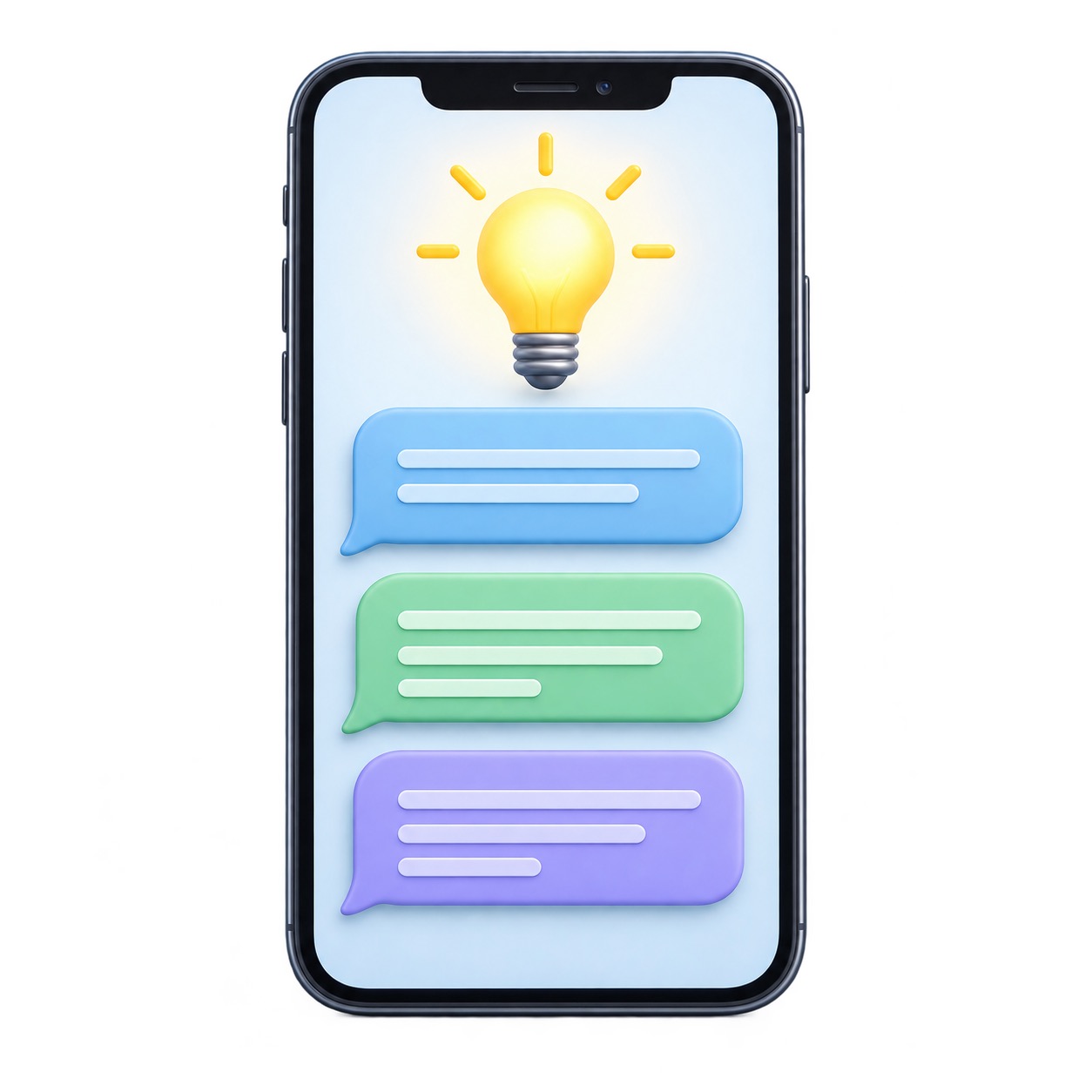 A generic smartphone with blank colorful chat bubbles, representing simple ChatGPT prompts.