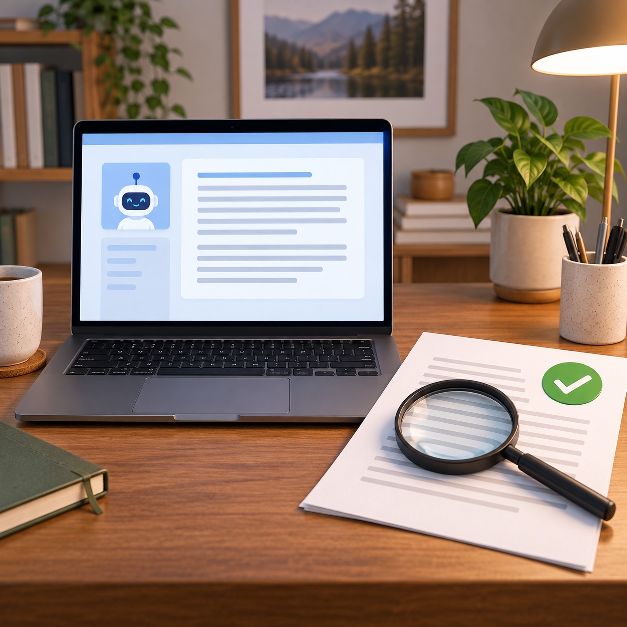 A laptop, magnifying glass, and document showing the importance of a final review.