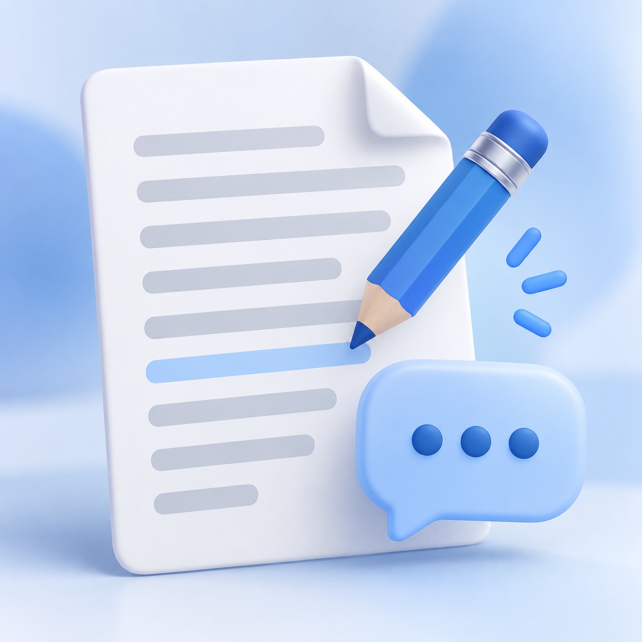 A document with a pencil and abstract chat icon, representing a careful revision.