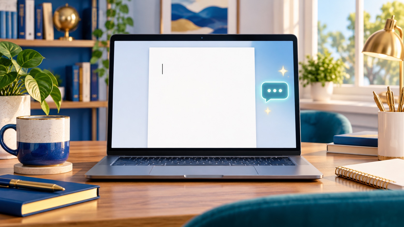 A generic laptop on a home desk with a blank document and abstract chat shapes, no logos.