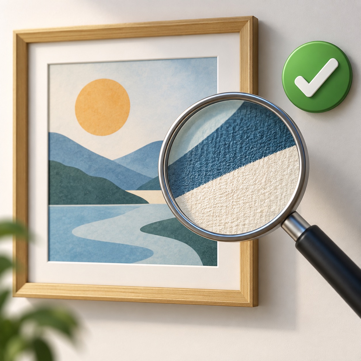 A magnifying glass examining a colorful AI-style picture, representing a careful review.