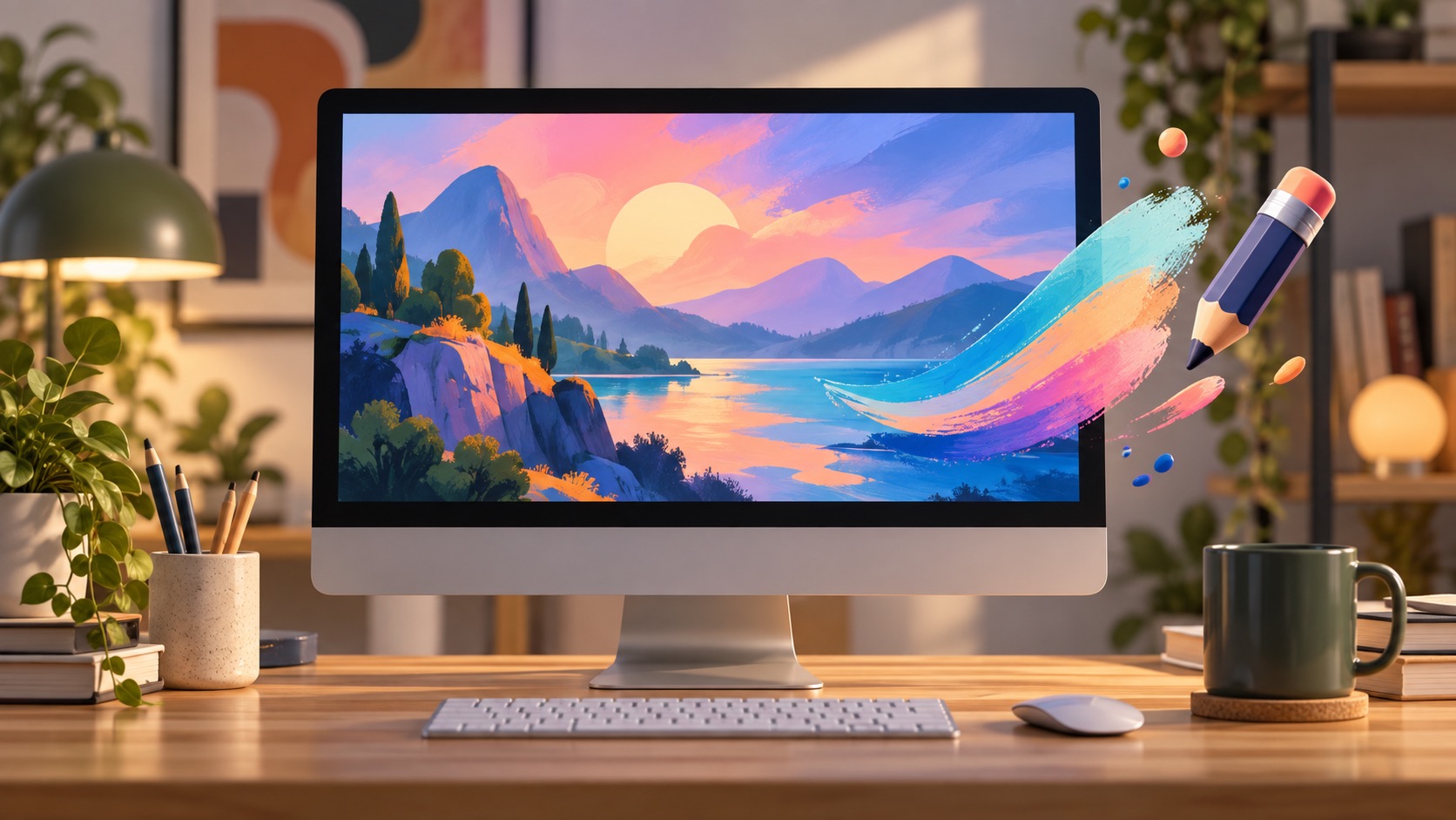 A colorful generic creative image on a monitor in a home setting, with no logos or text.