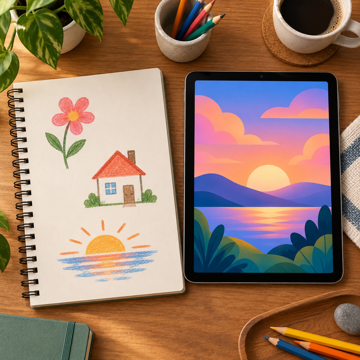 A sketchbook and tablet showing a generic art concept, representing turning an idea into an image.