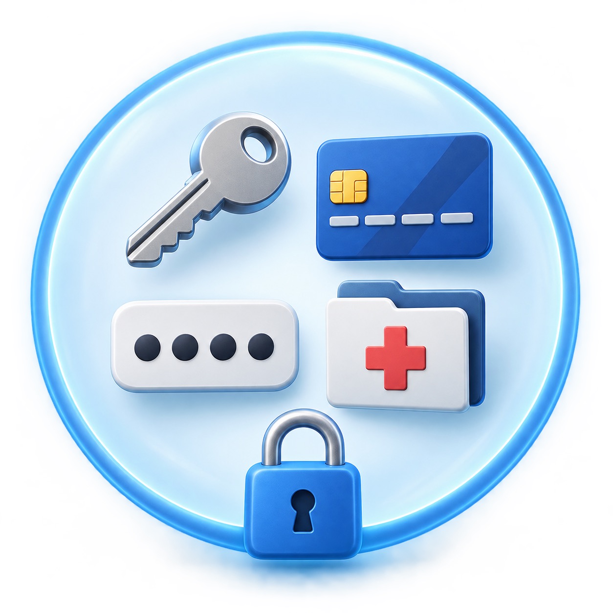 A lock and simplified personal-data symbols, representing details that should not be shared.
