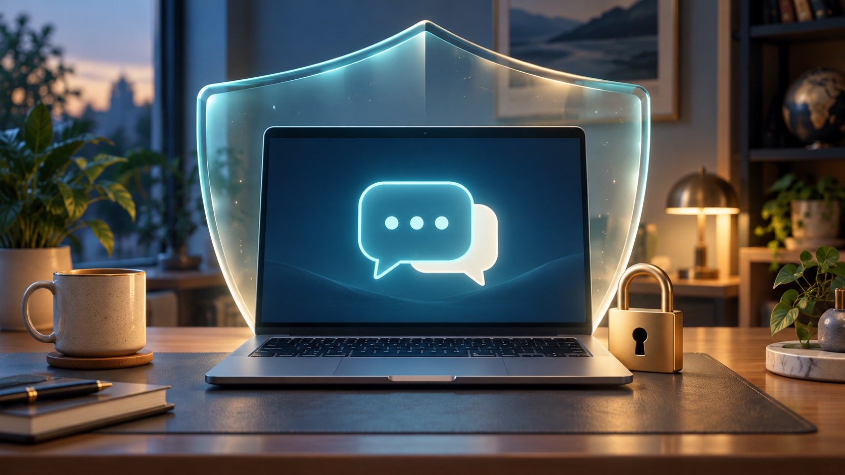 A generic laptop and protective shield representing safer AI conversations.