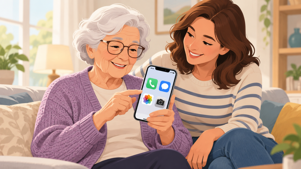 Older adult learning to use a simplified iPhone with family support