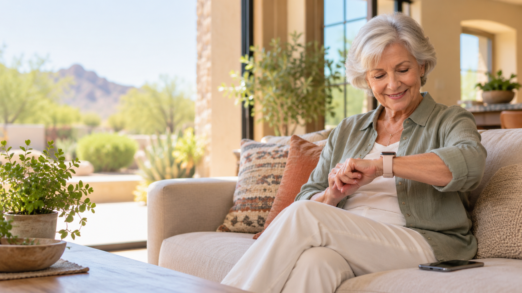 Older adult checking an Apple Watch at home