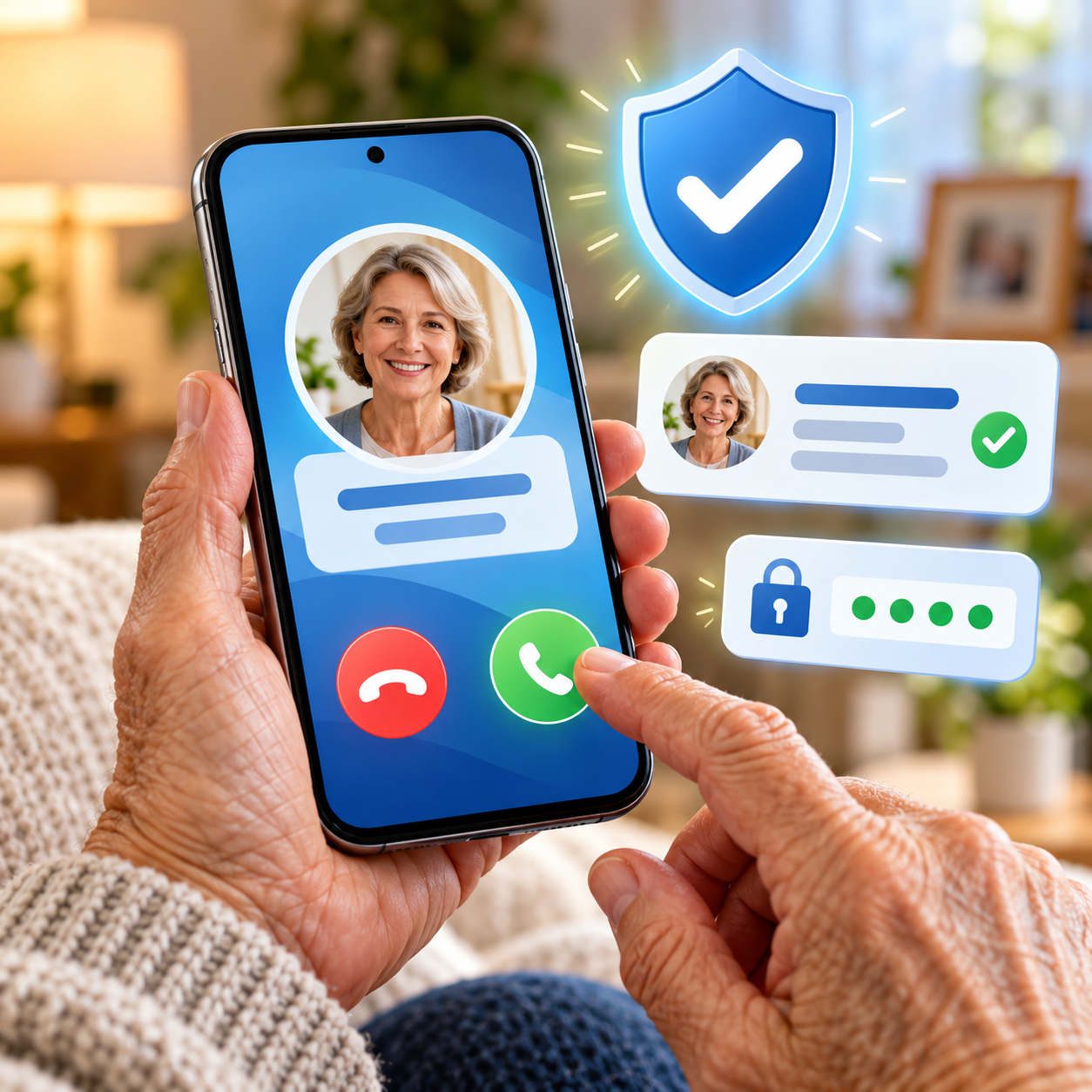 Conceptual incoming call screen with safety shield and caller information