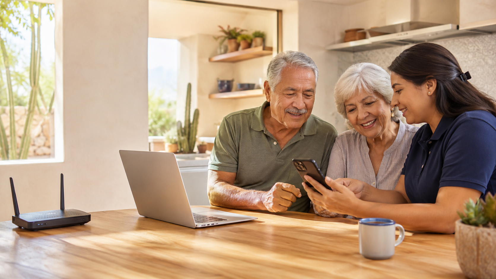 Friendly in-home technology help for older adults with a smartphone, laptop, and home Wi-Fi.