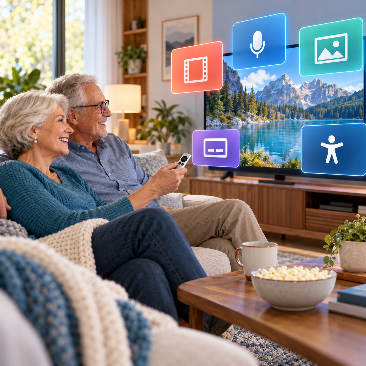 Older couple using a streaming remote with conceptual television icons for movies, voice, photos, captions, and accessibility