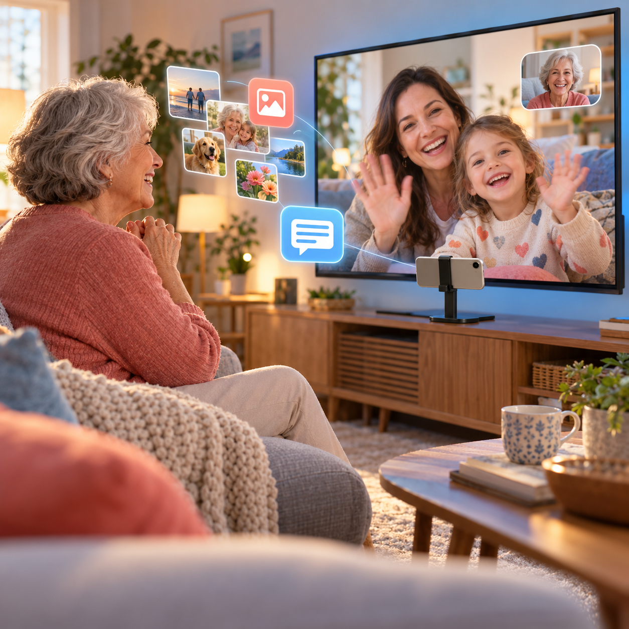 Senior enjoying a conceptual television video call with family, shared photos, and captions