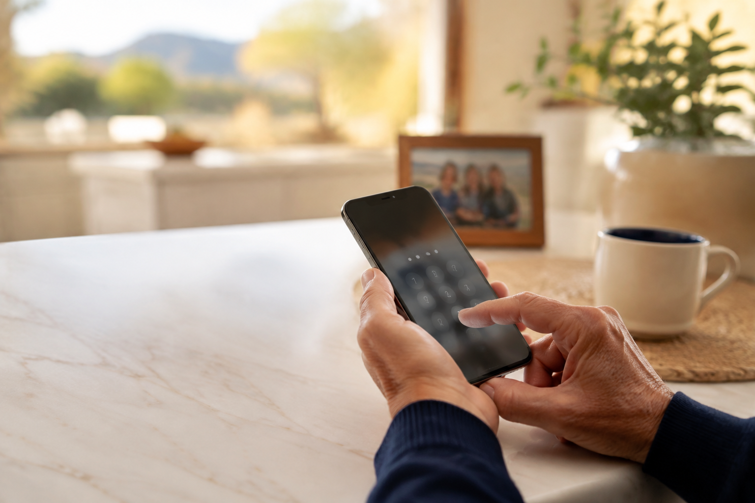 Older adult entering a secure PIN code on a smartphone at home.