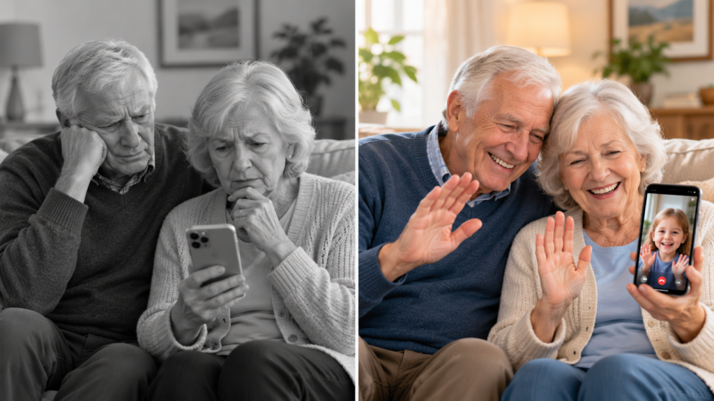 Before and after: older couple missing calls, then happily receiving a video call from their grandchild