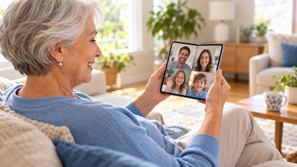 Older adult video calling family on a foldable iPhone