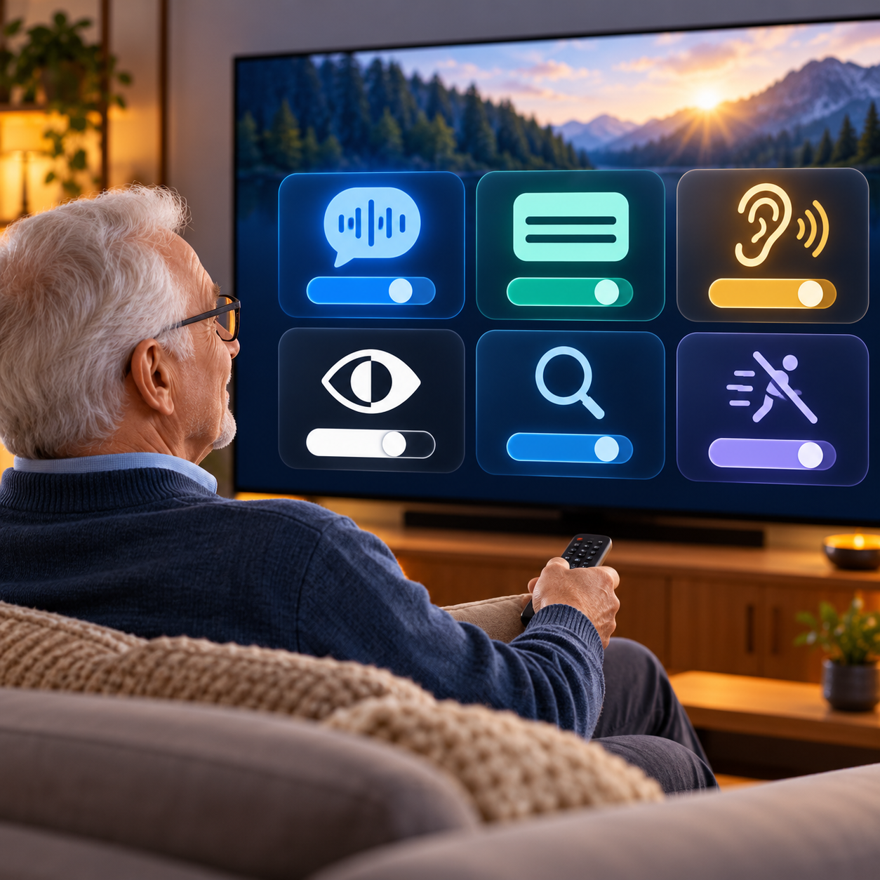 Senior viewing conceptual television accessibility controls for dialogue, captions, hearing, vision, magnification, and reduced motion
