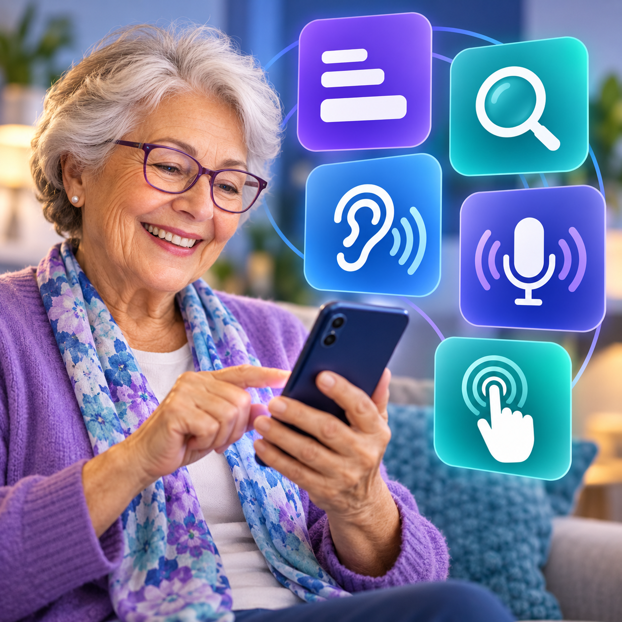 Senior using conceptual accessibility controls for larger text, hearing, voice, magnification, and touch