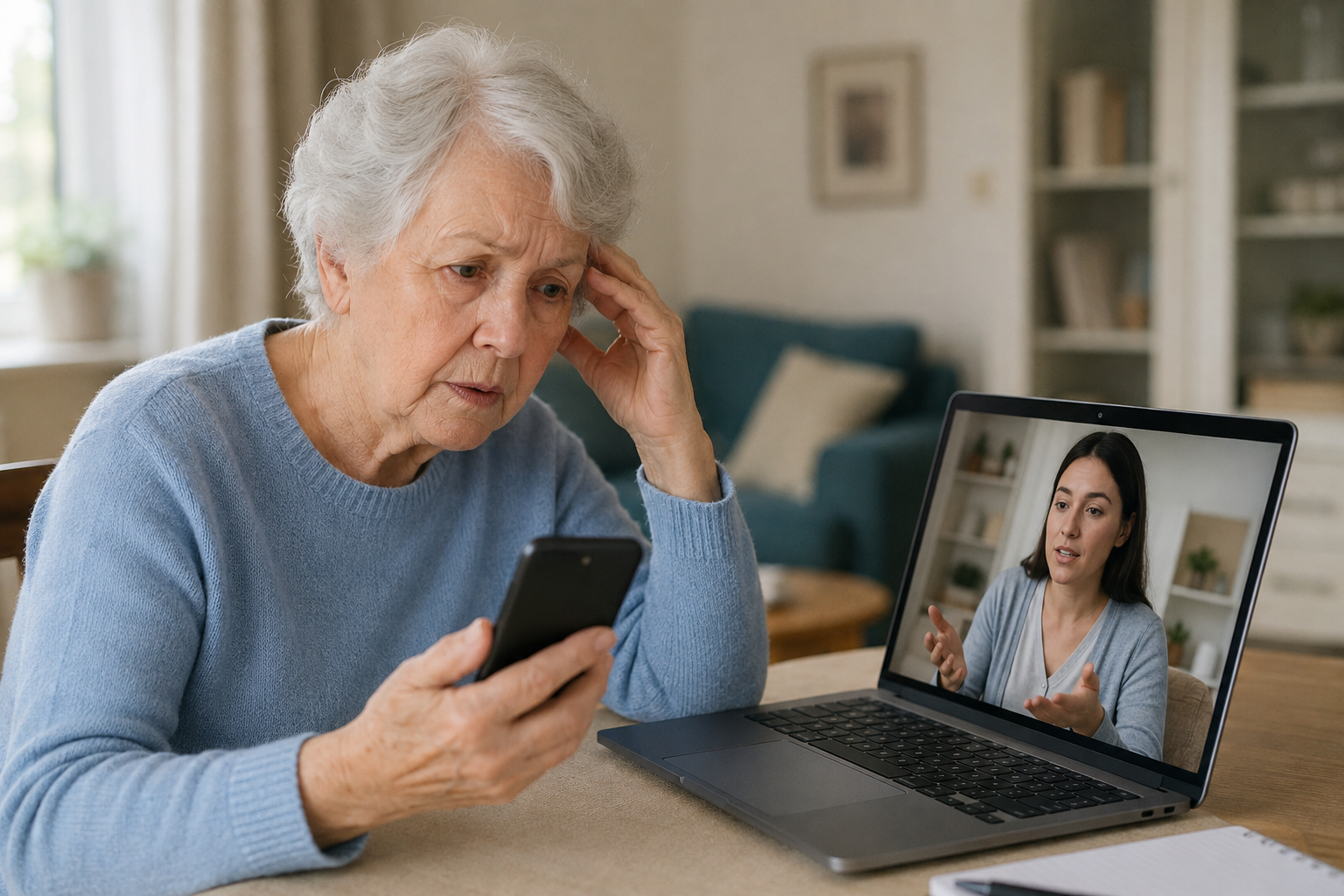 Older adult receiving remote technology help by video call on a laptop.