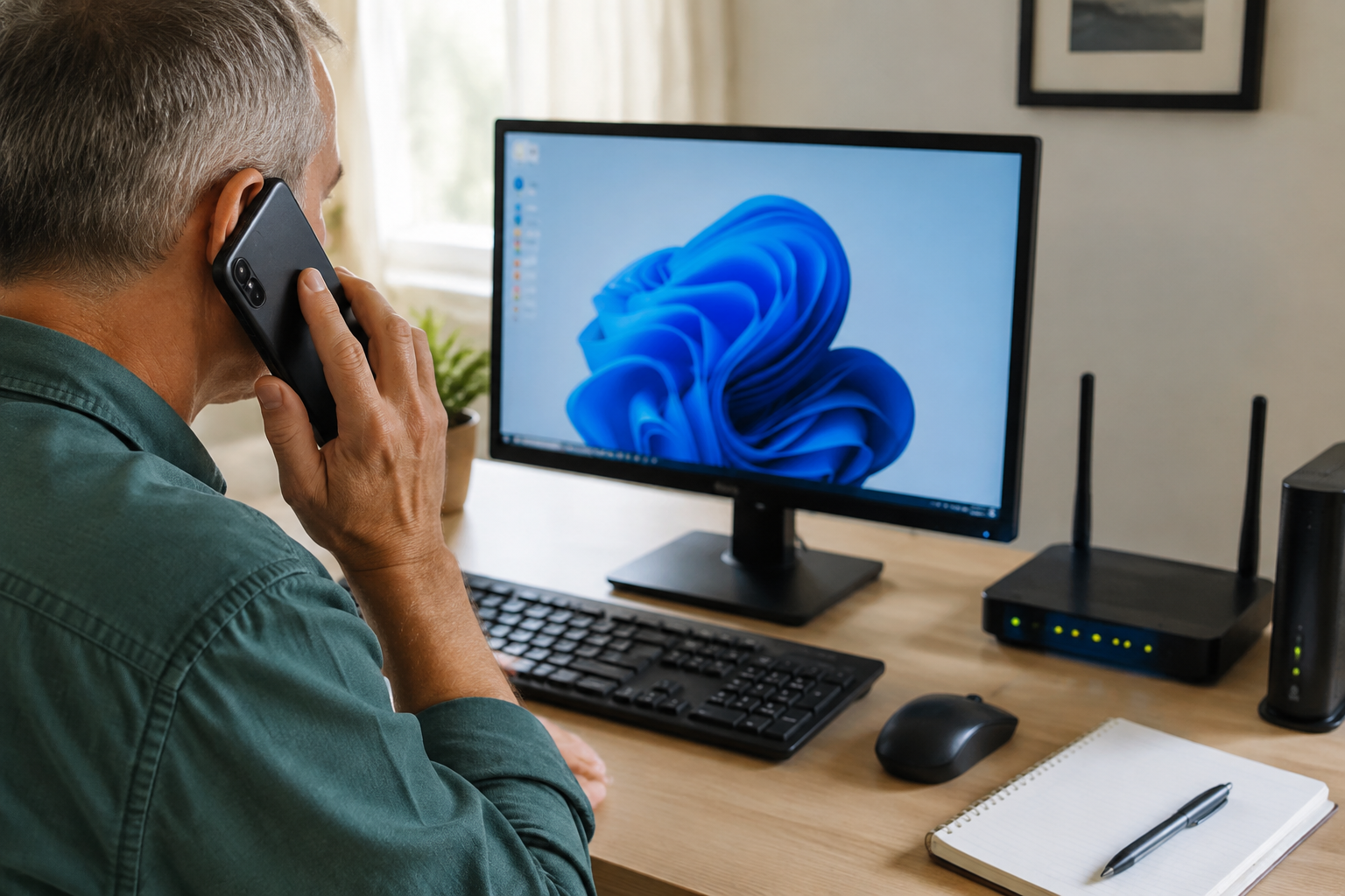 Older adult receiving phone-based technical support for a computer and Wi-Fi setup.