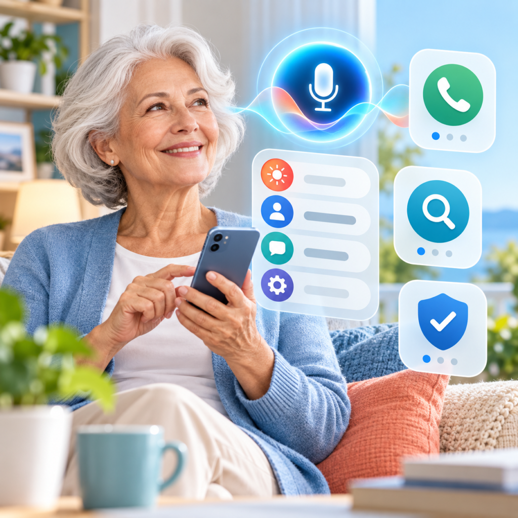 Senior using an iPhone with conceptual icons for Siri, calling, magnification, and security