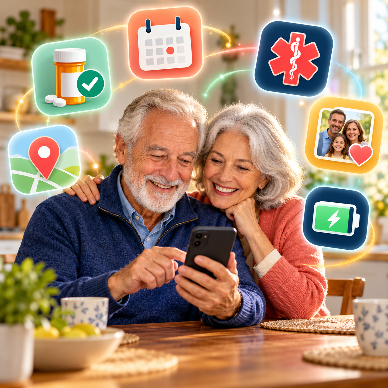 Older couple with conceptual icons for medication reminders, calendar, emergency information, family, location, and battery