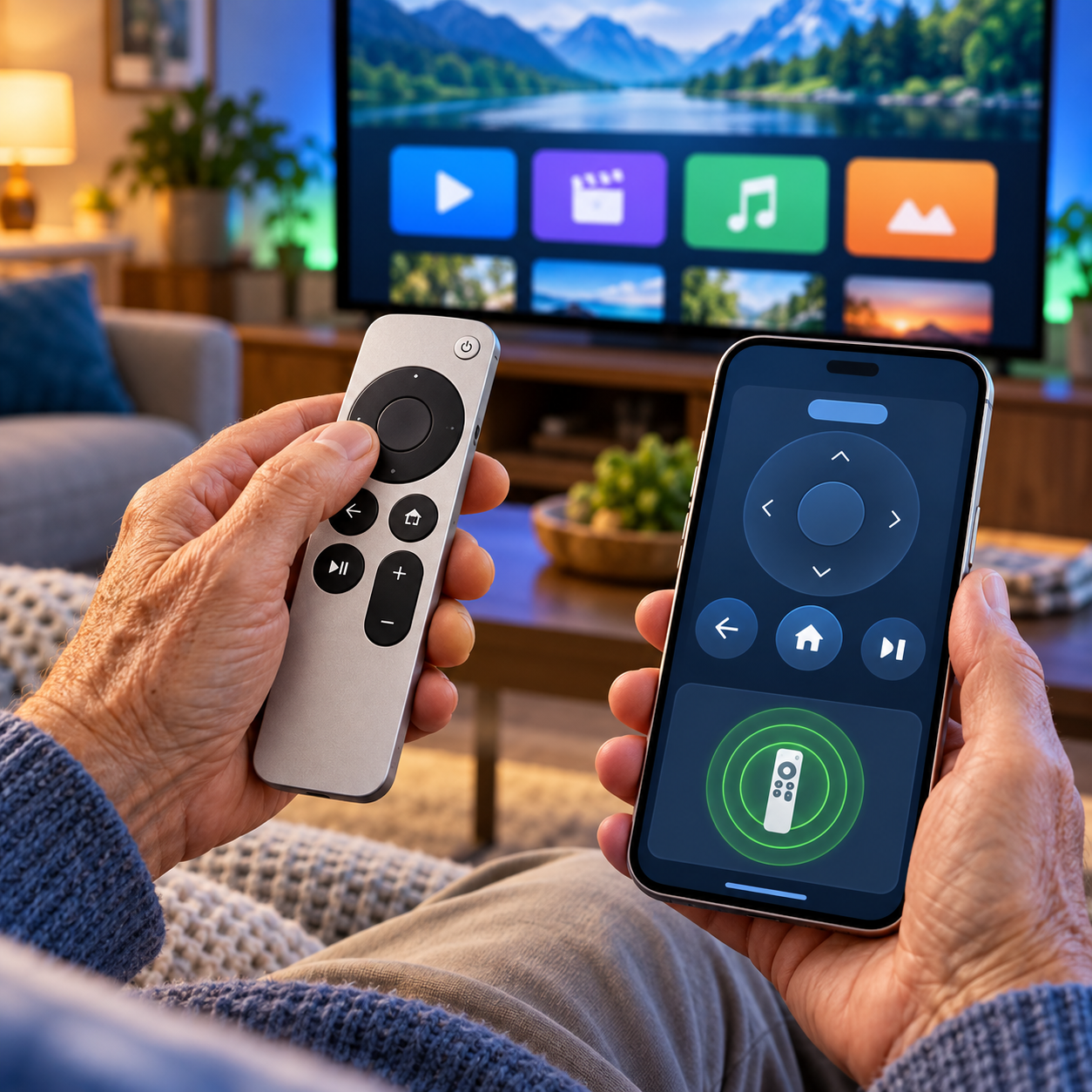 Older hands holding a conceptual streaming remote and smartphone remote control with a nearby finder