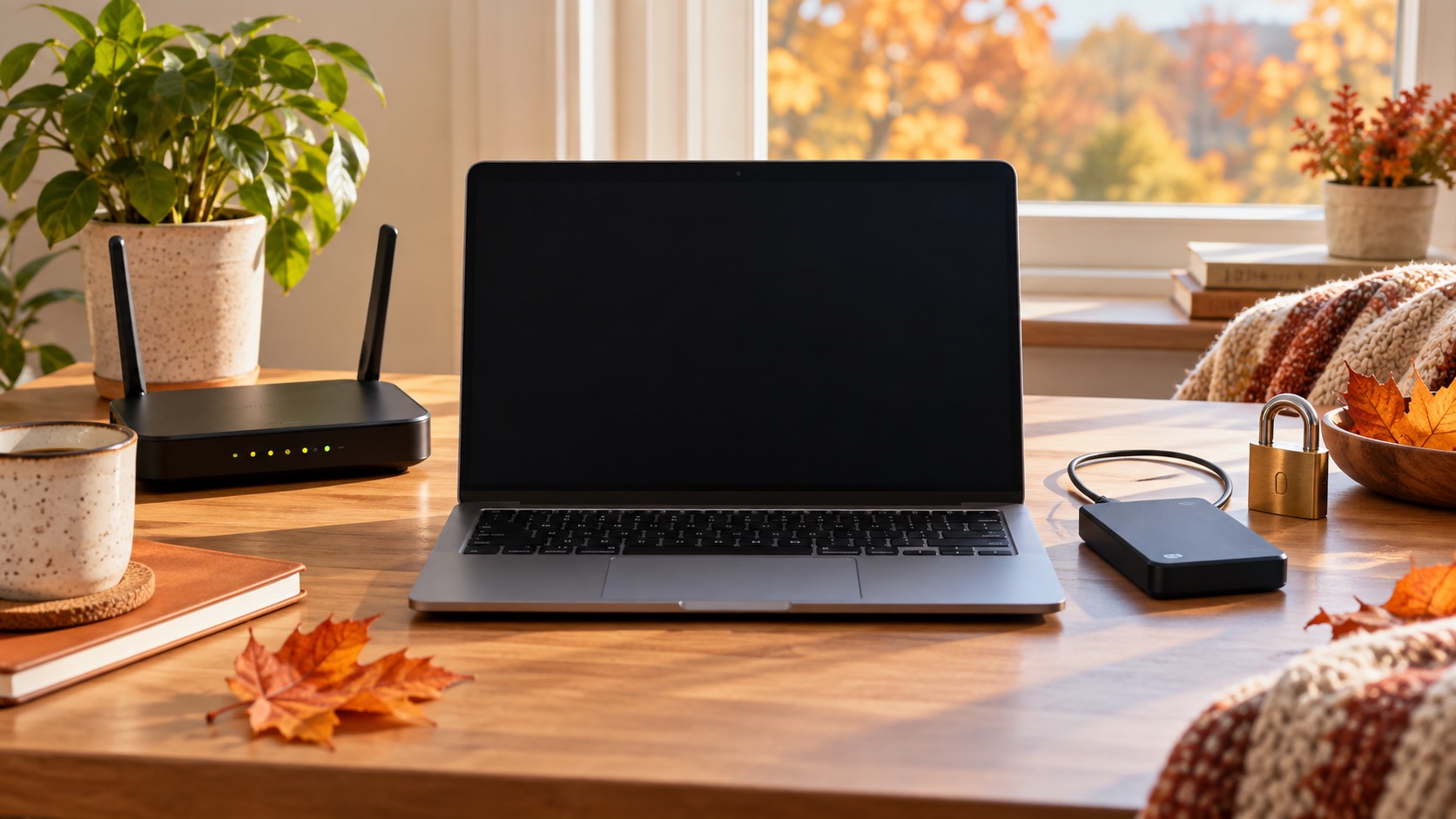 Home technology checkup with front-facing laptop and router