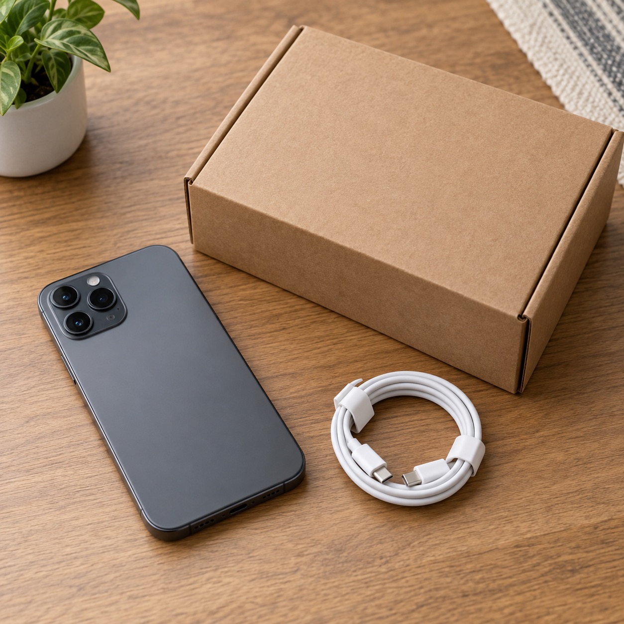 A generic phone with a cable and secure shipping box, representing a careful trade-in preparation.