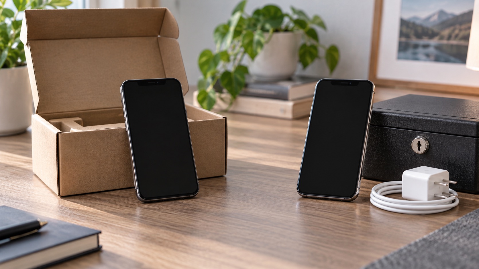 Two generic smartphones, a protective box, and a cable, representing a trade-in or backup decision.