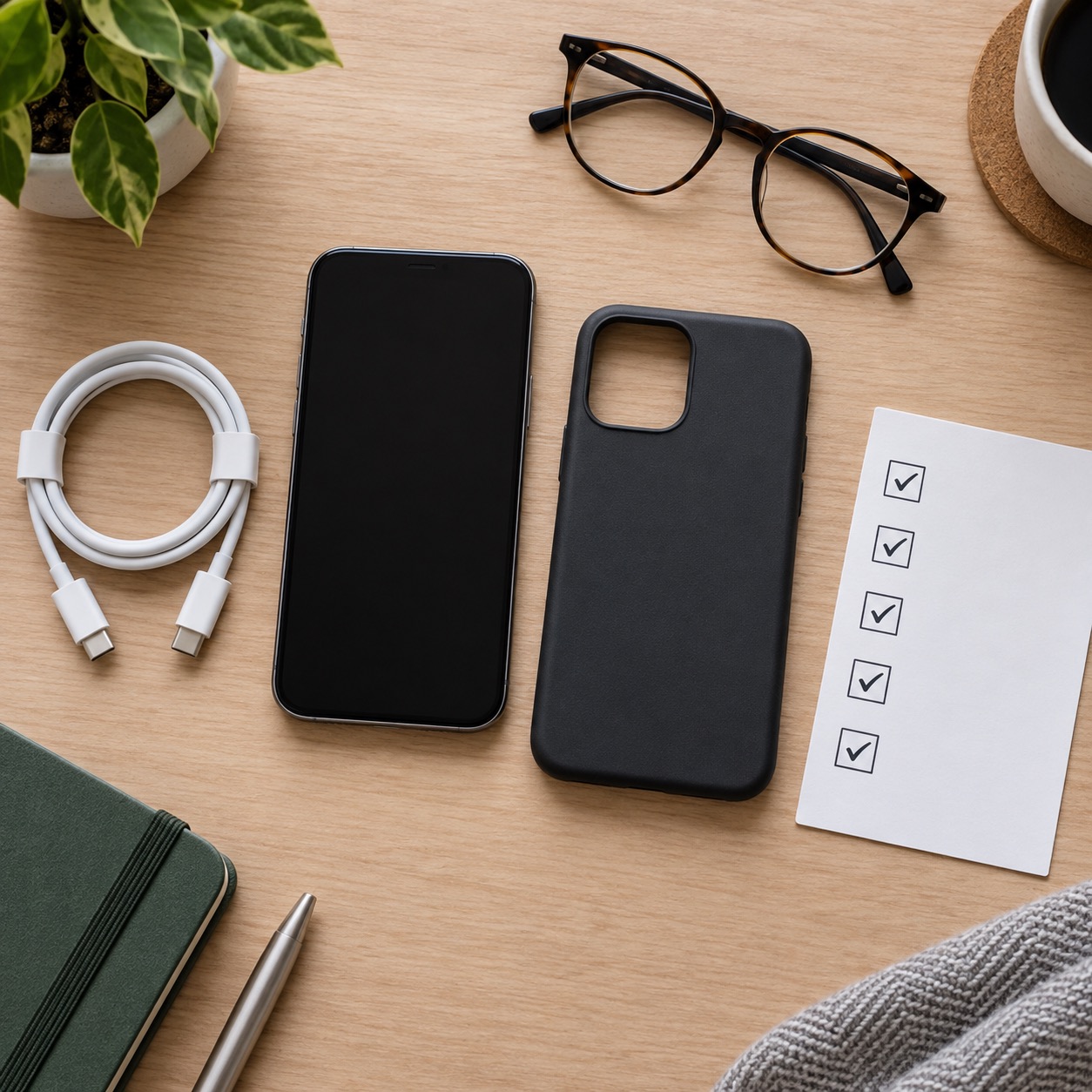 A simple accessories checklist beside a smartphone, showing items to consider before upgrading.