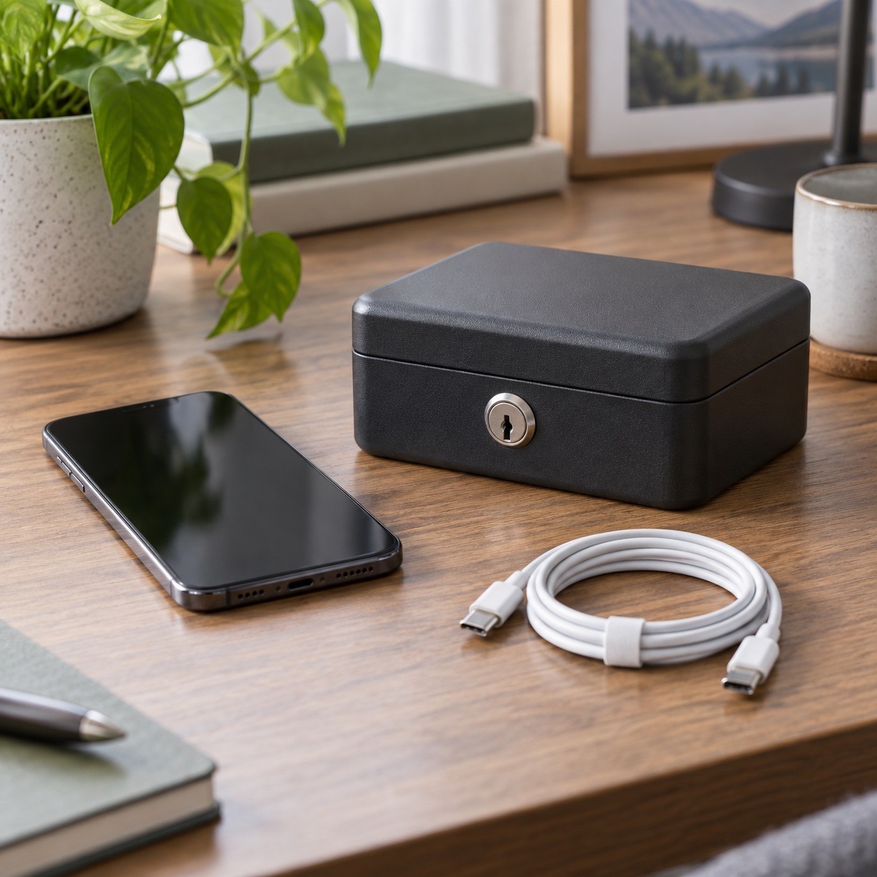 A phone, charging cable, and secure box, representing a safe backup before a trade-in.