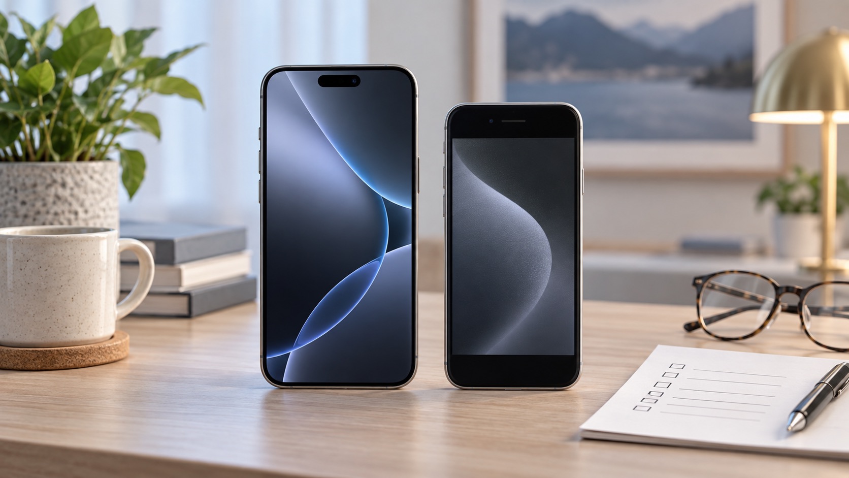 Two generic smartphones on a clean desk, representing an iPhone upgrade decision.
