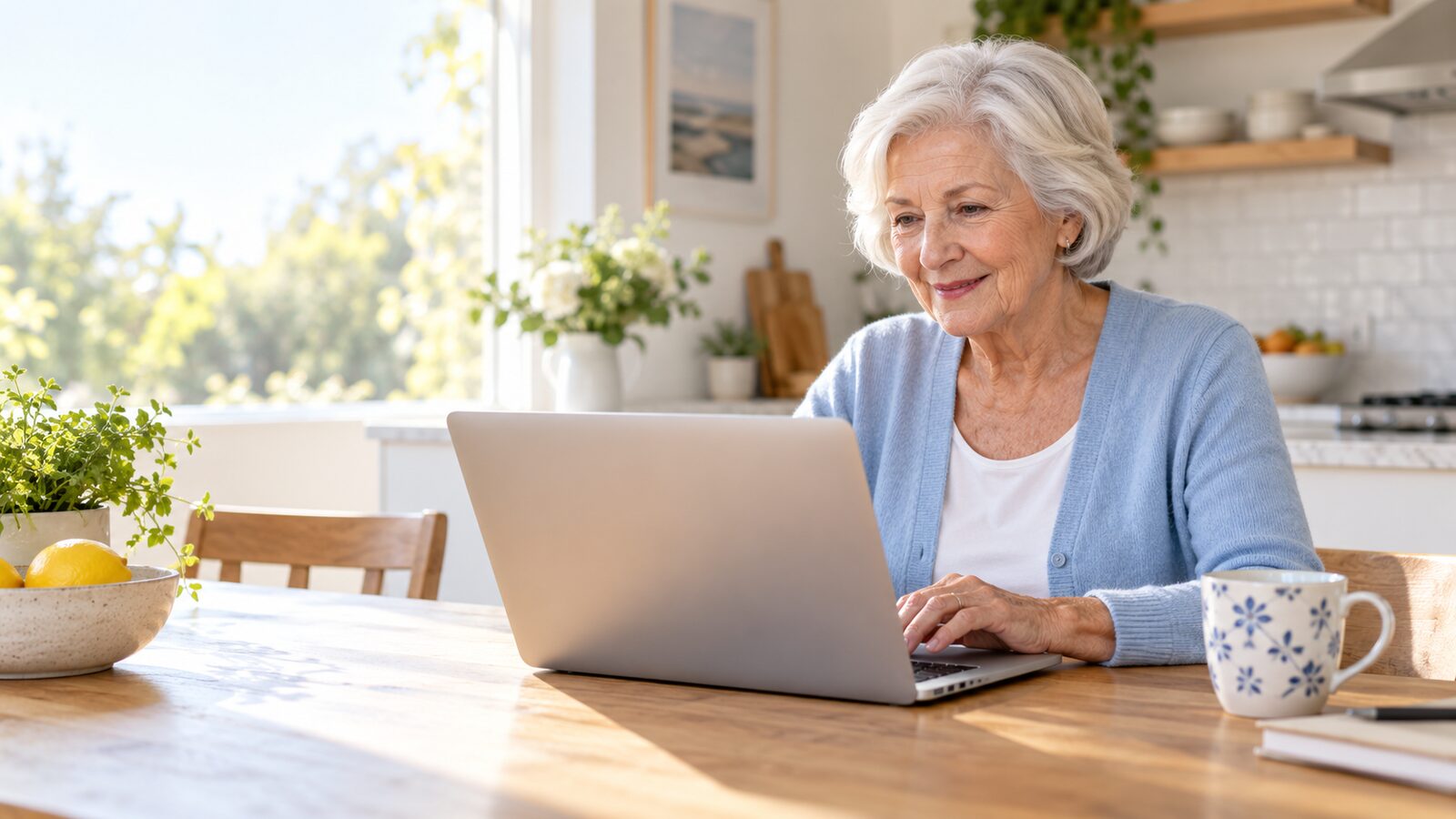 Older woman using a MacBook at home while taking a screenshot
