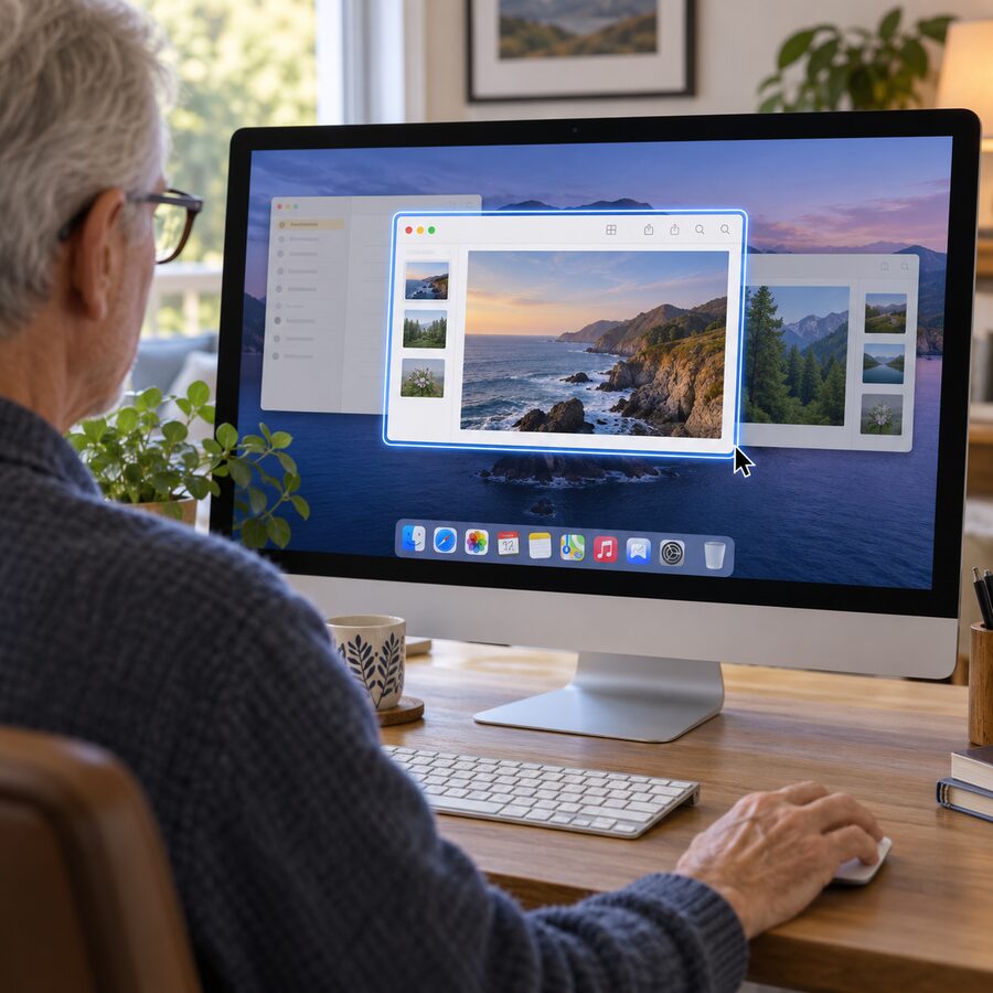 A Mac user selecting one highlighted window for a screenshot