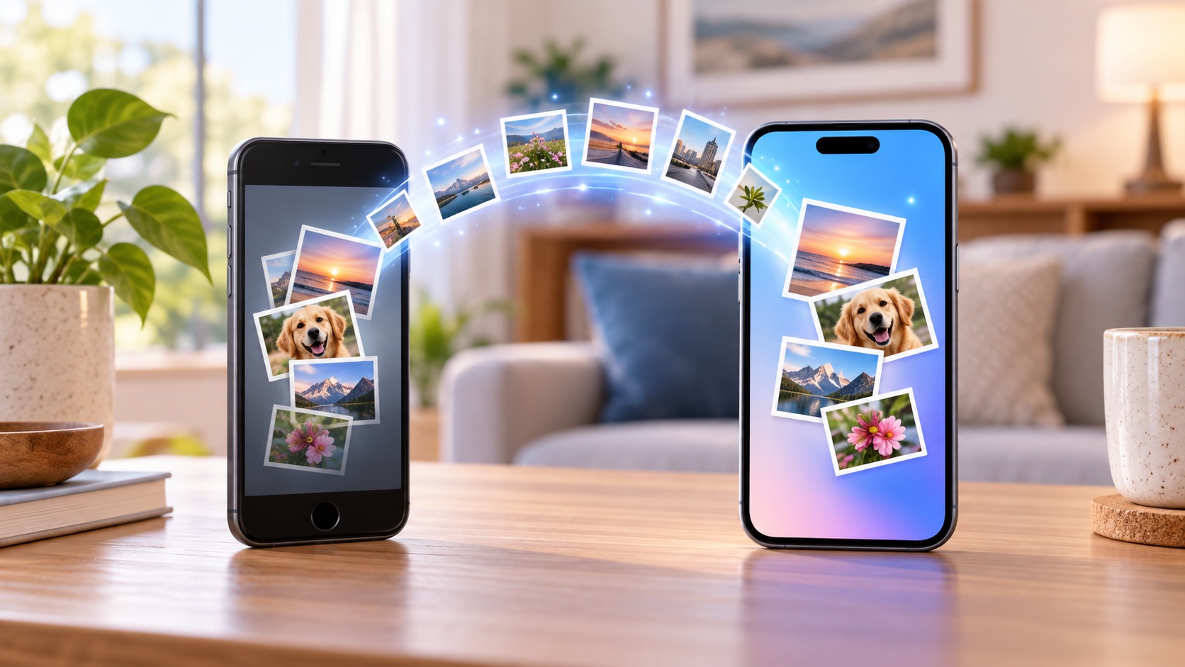 Two generic front-facing phones transferring information