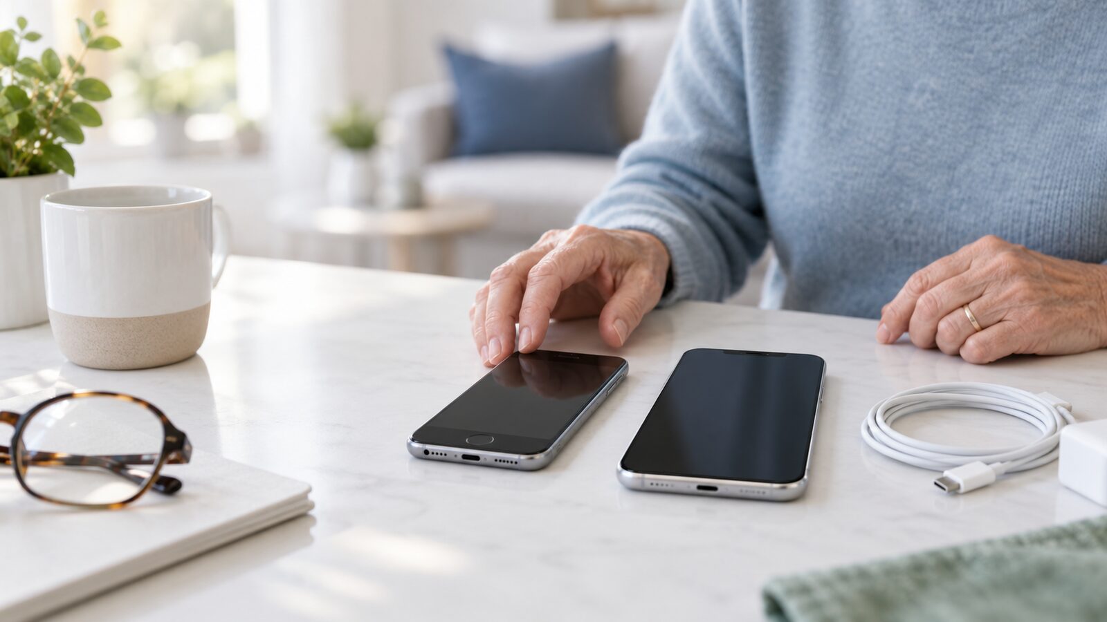 Older and newer iPhones beside a charging cable during a device transfer