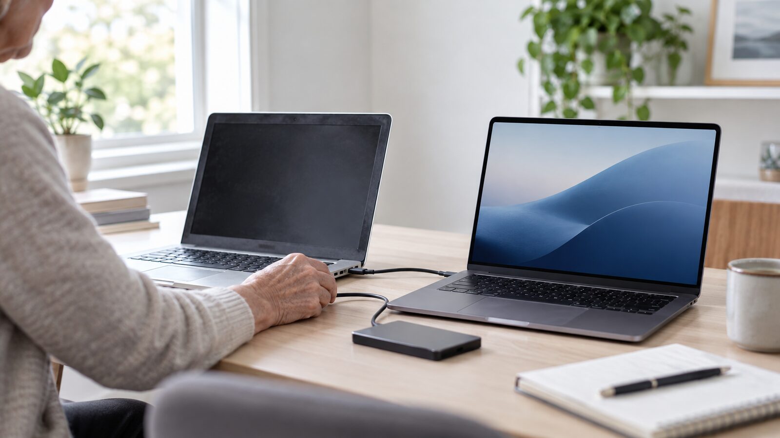 Older and newer Mac laptops connected beside an external backup drive