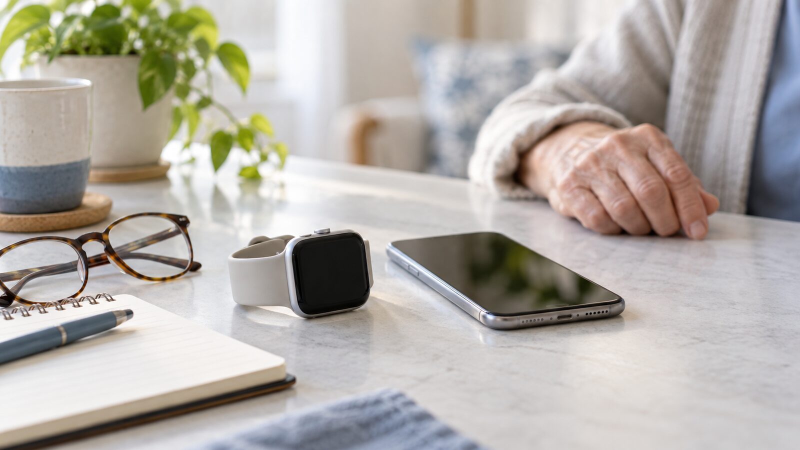 Apple Watch beside an iPhone, reading glasses, and a notebook