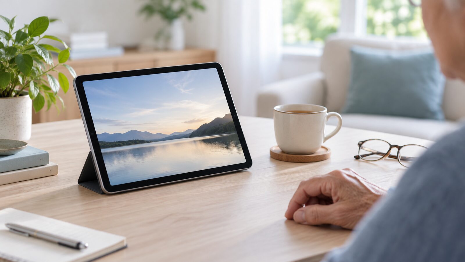 iPad on a stand beside reading glasses and tea in a bright home