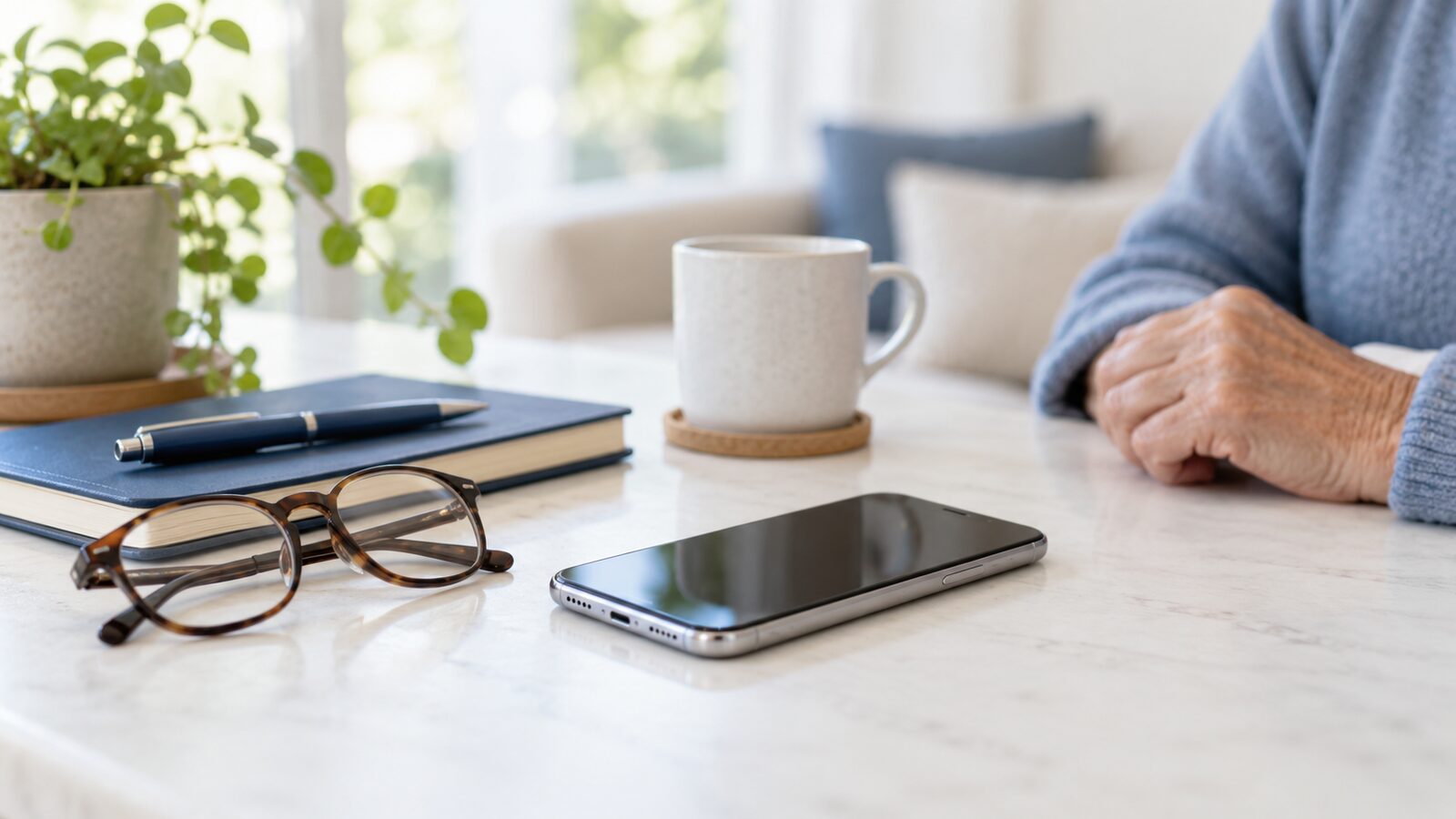 iPhone beside reading glasses and a notebook in a bright home setting