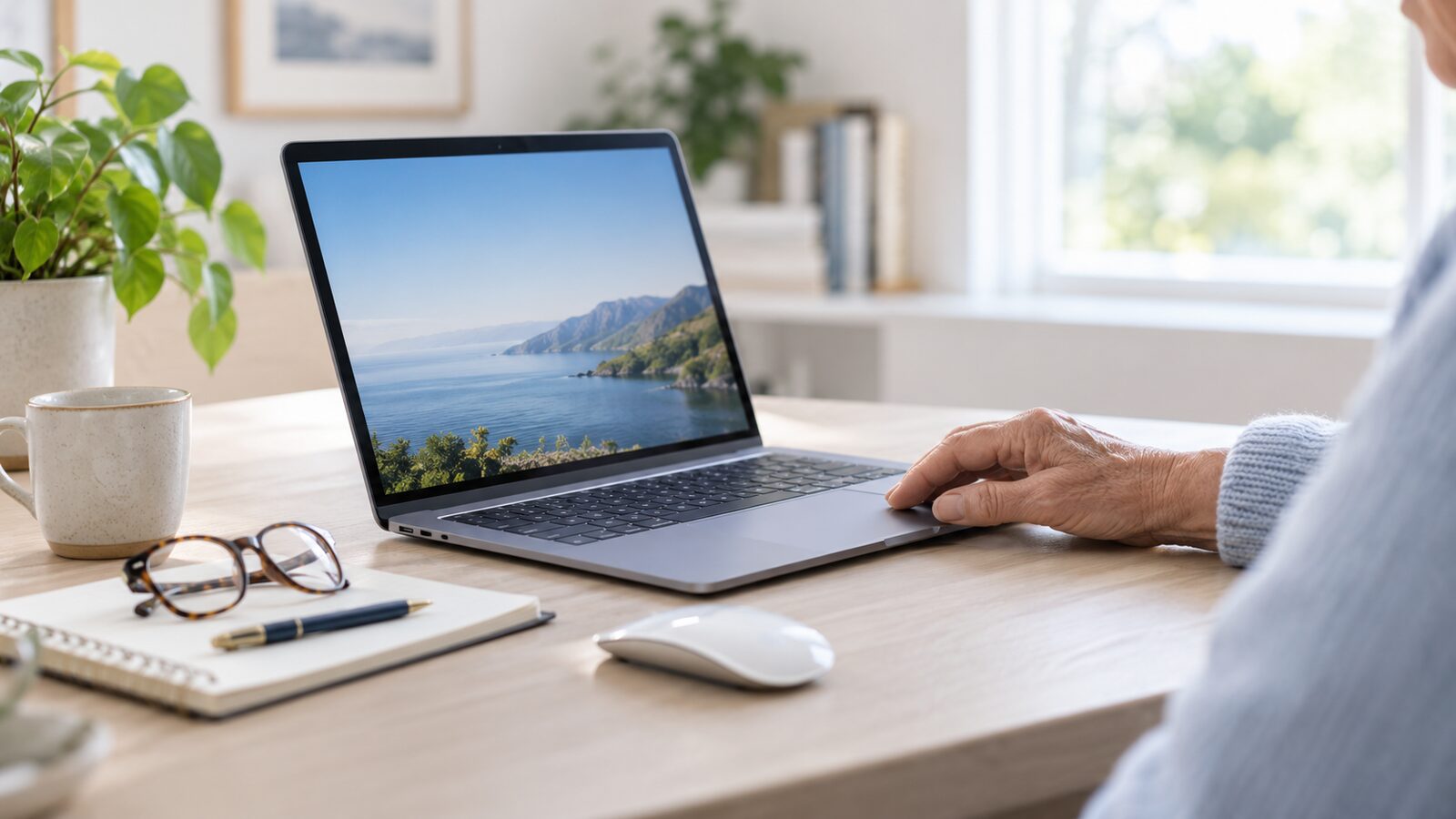 Mac laptop on a tidy desk beside glasses and a notebook