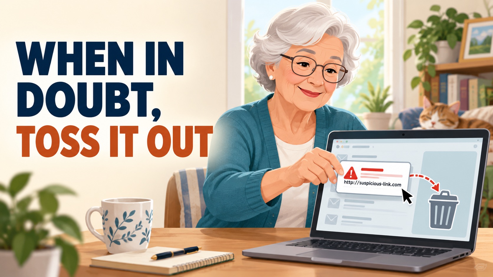 Older adult safely deleting a suspicious email on a laptop