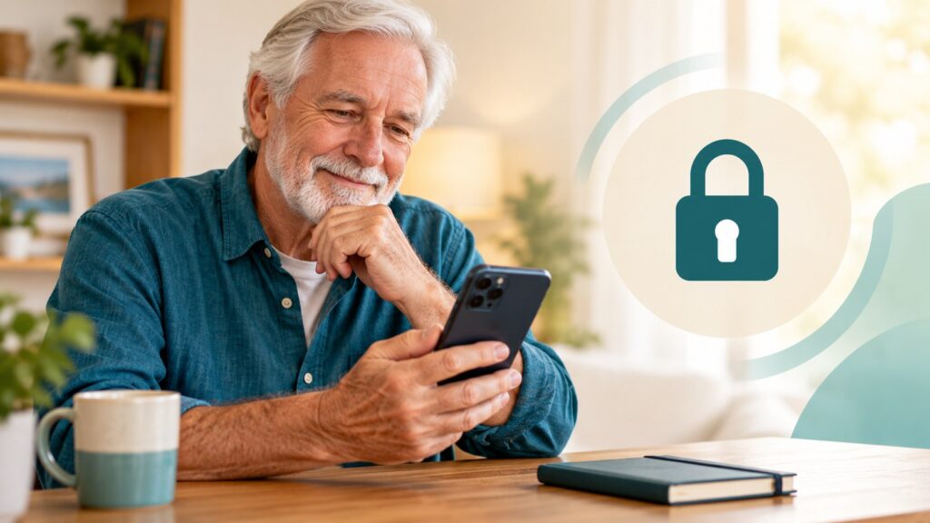 Senior man reviewing a smartphone beside a conceptual lock symbol