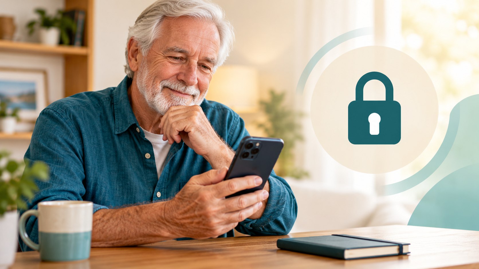 Senior man reviewing a smartphone beside a conceptual lock symbol