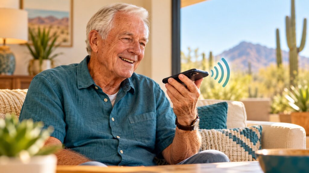 Senior man using speakerphone in a bright home