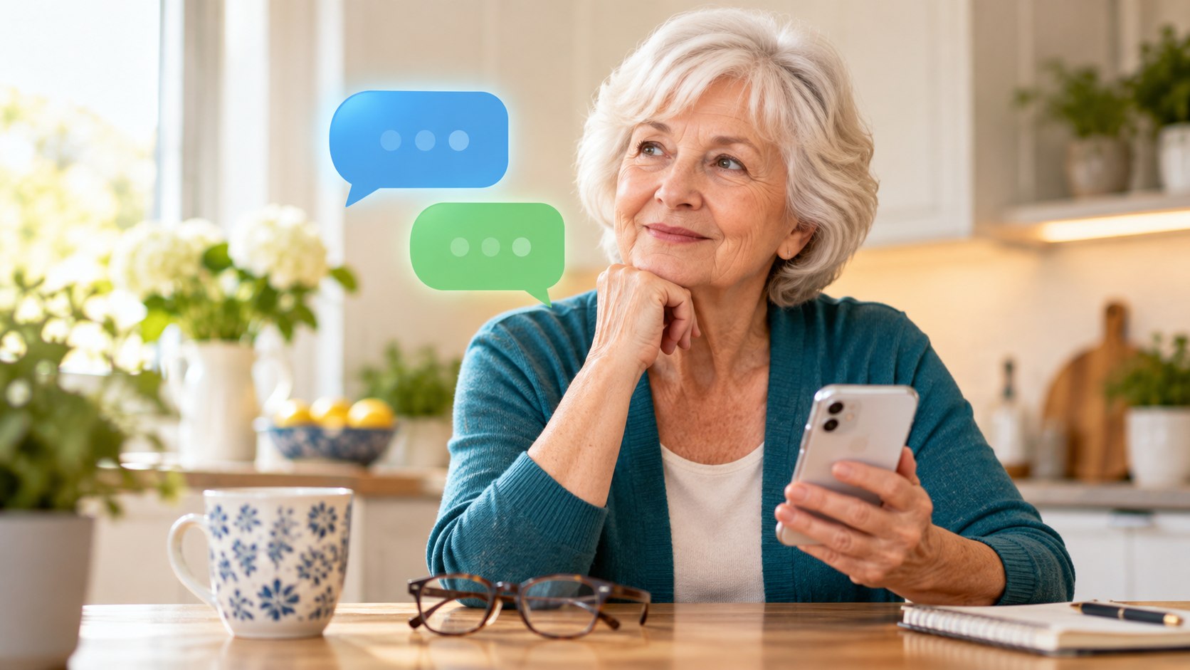 Senior woman holding a smartphone beside blue and green message symbols